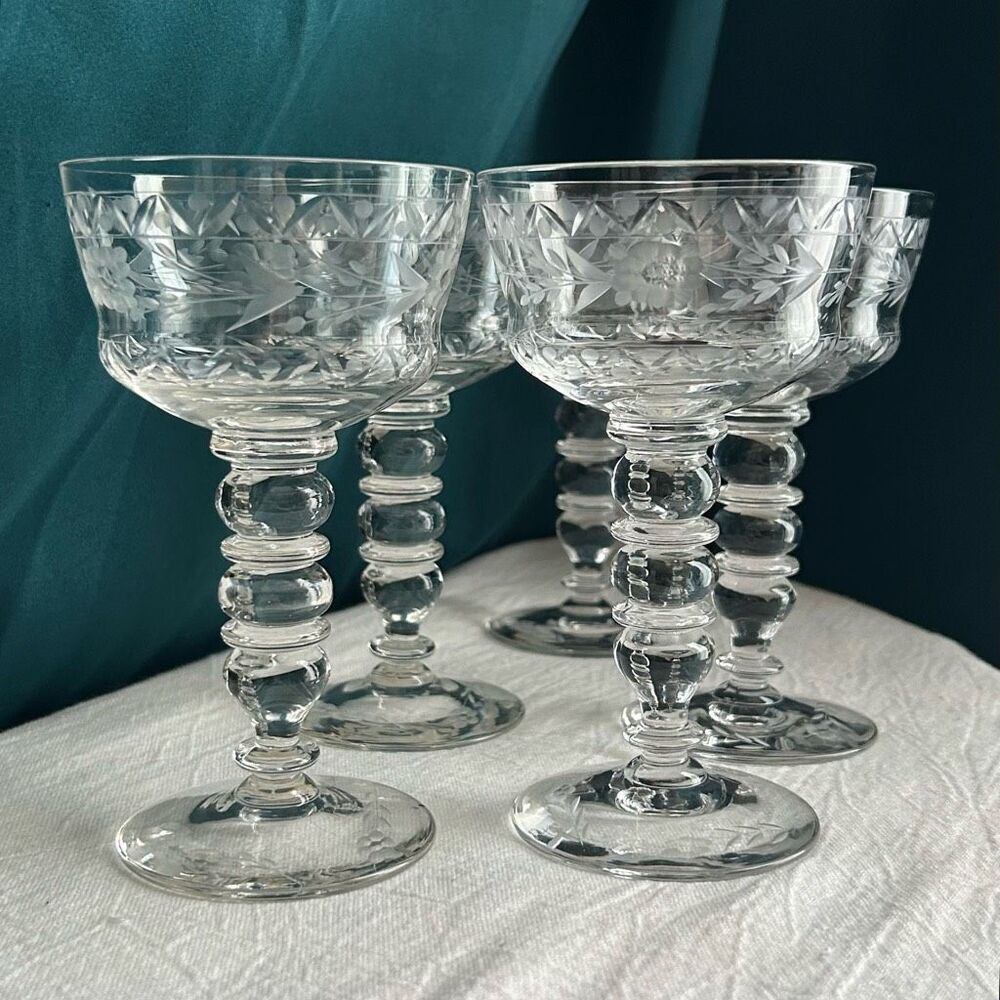 Bryce Set of 5 Floral Cut Crystal Tall Champagne Sorbet Glasses